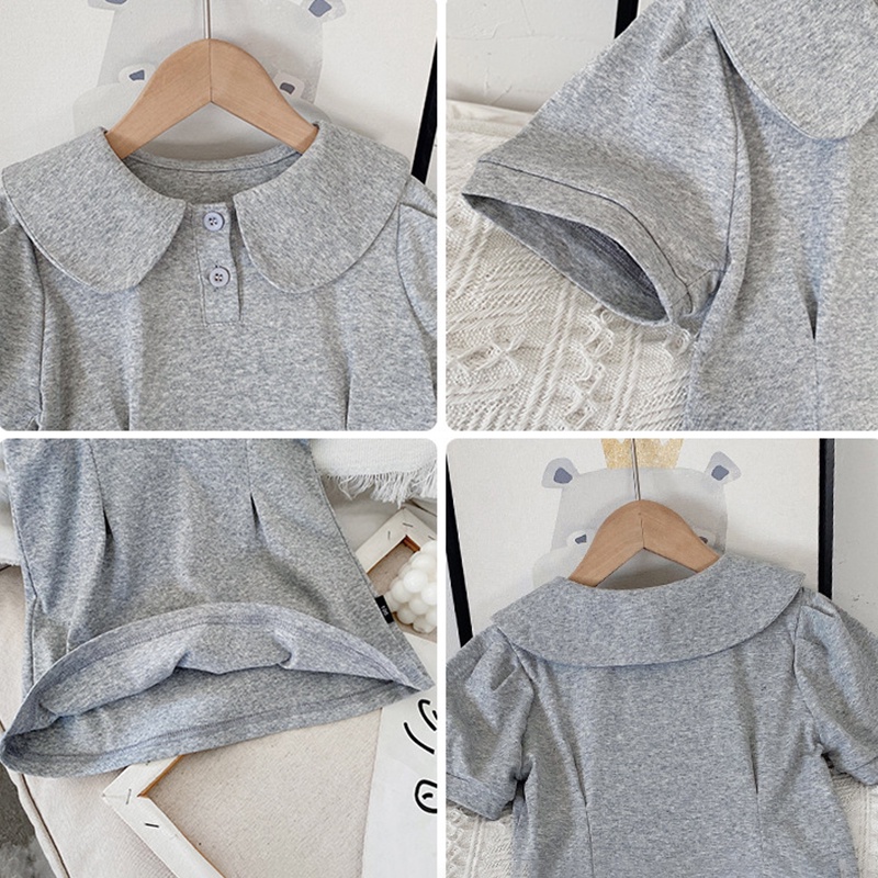 Đầm Cotton Ngắn Tay Cổ Búp Bê Phong Cách Hàn Quốc Cho Bé Gái