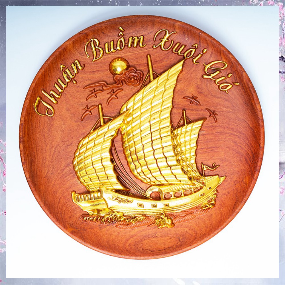 Tranh Đĩa Thuận Buồm Xuôi Gió Dát Vàng. Gỗ hương đá. Tiện liền khối. | BigBuy360 - bigbuy360.vn