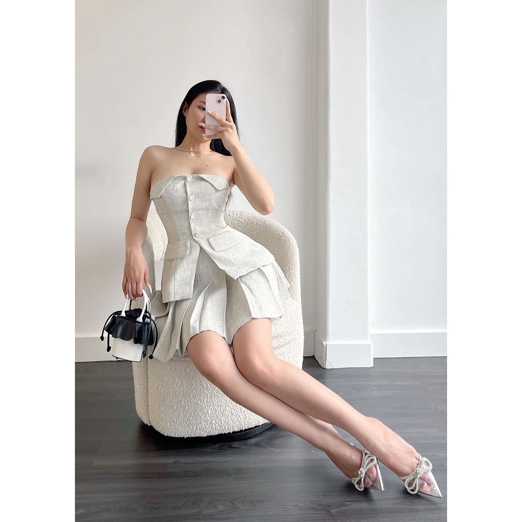 Set Áo Cúp Ngực + Chân Váy Xếp Ly LSEOUL B1205 Vải Bố Dày Dặn Thanh Lịch Nữ Tính Sang Trọng