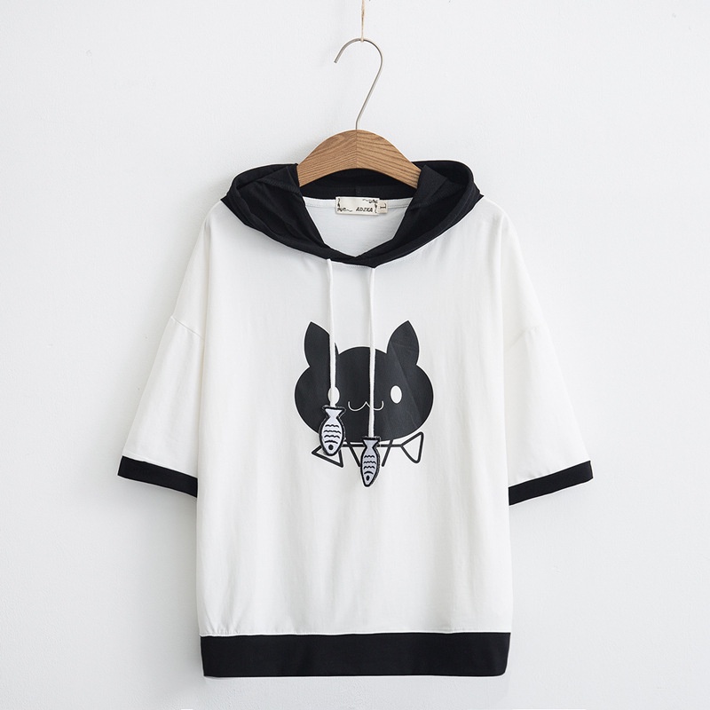 Áo Hoodie Ngắn Tay In Hình Xương Cá Màu Sắc Thời Trang