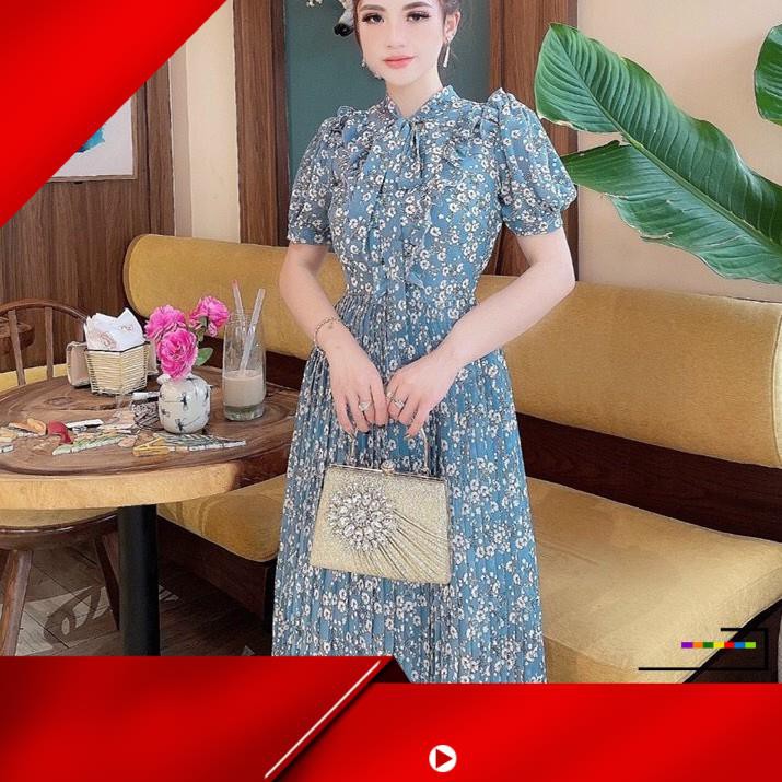 (FREESHIP) Váy đầm hoa thiết kế VINTAGE dáng xòe cổ nơ ngắn tay chân váy xếp ly dài qua gối M01