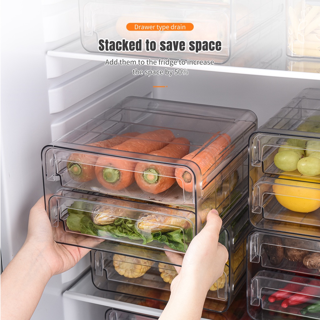 Ngăn kéo JUJIAJIA trong suốt hai lớp sắp xếp giữ tươi thực phẩm cho tủ lạnh