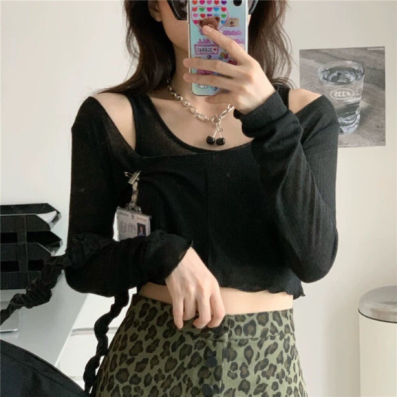 Set áo croptop cutout + chân váy hoạ tiết da báo xếp ly đuôi cá [Yannie]