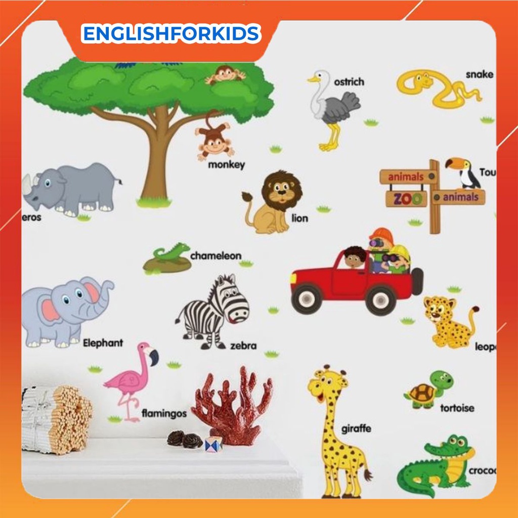 Decal dán tường tiếng anh vườn thú xanh - English For Kid