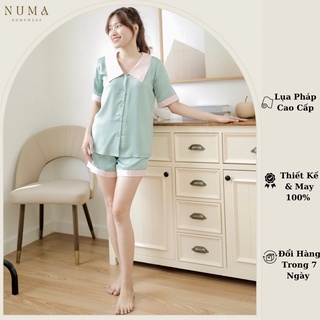 Bộ Pijamas mặc nhà cổ áo phối lụa quần đùi Numa Homewear chất lụa pháp cao cấp