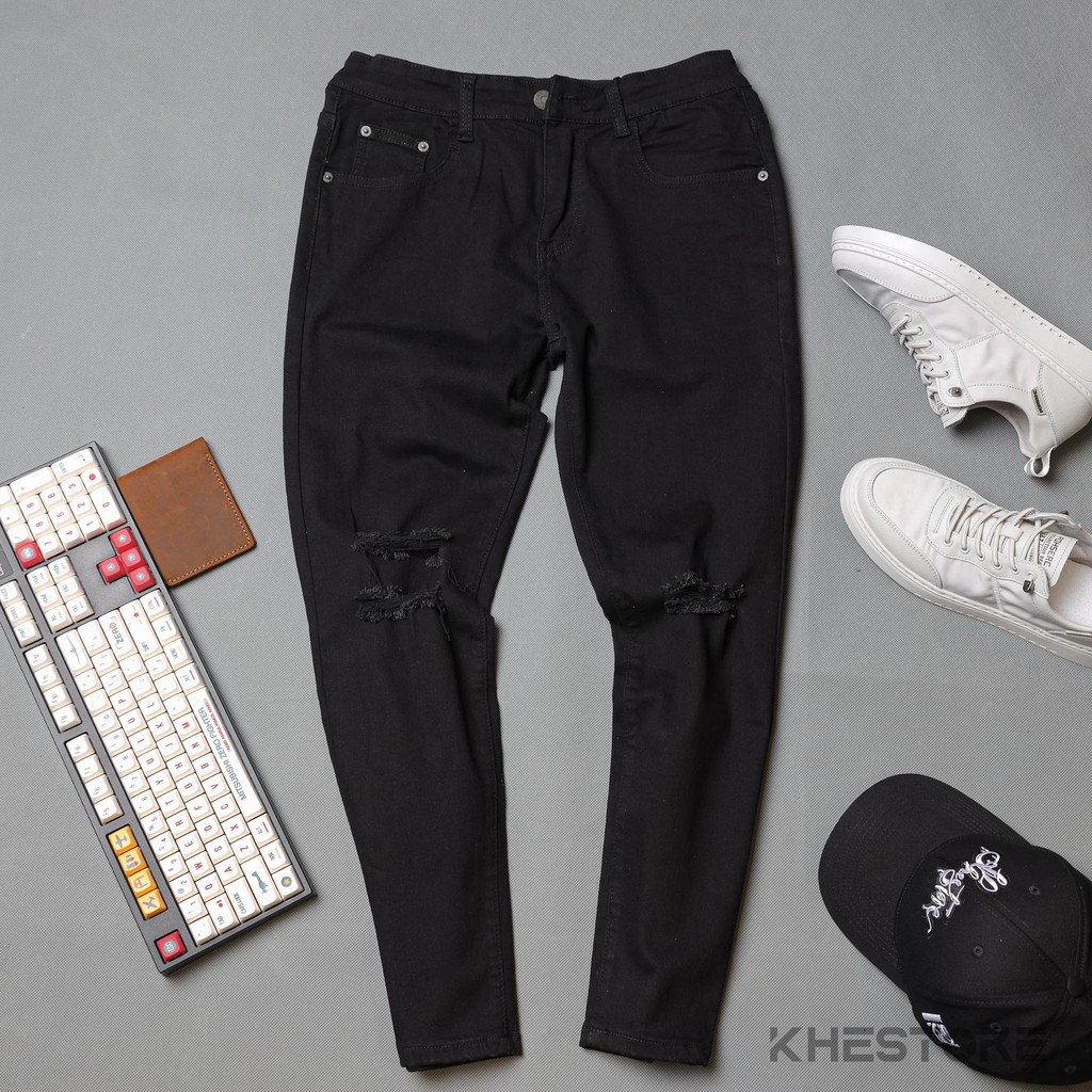 Quần Jeans Nam Khestore NP193 , Jeans TrơnĐen Rách Gối Phong Cách Hàn Quốc