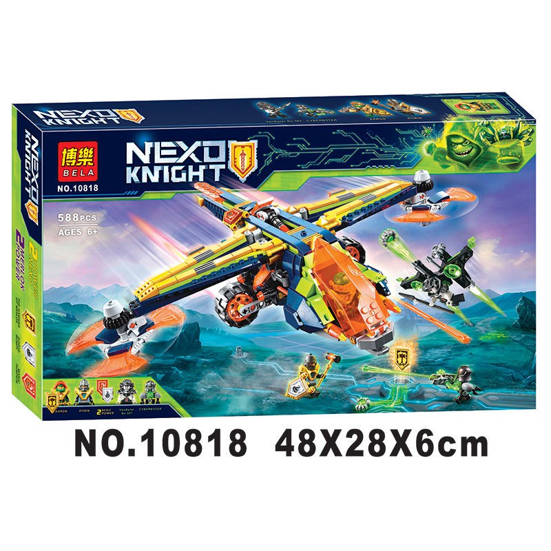 Đồ chơi lắp ráp xếp hình logo nexo knights máy bay biến hình của aaron, cùng xe hiệp sĩ robin Bela 10818.