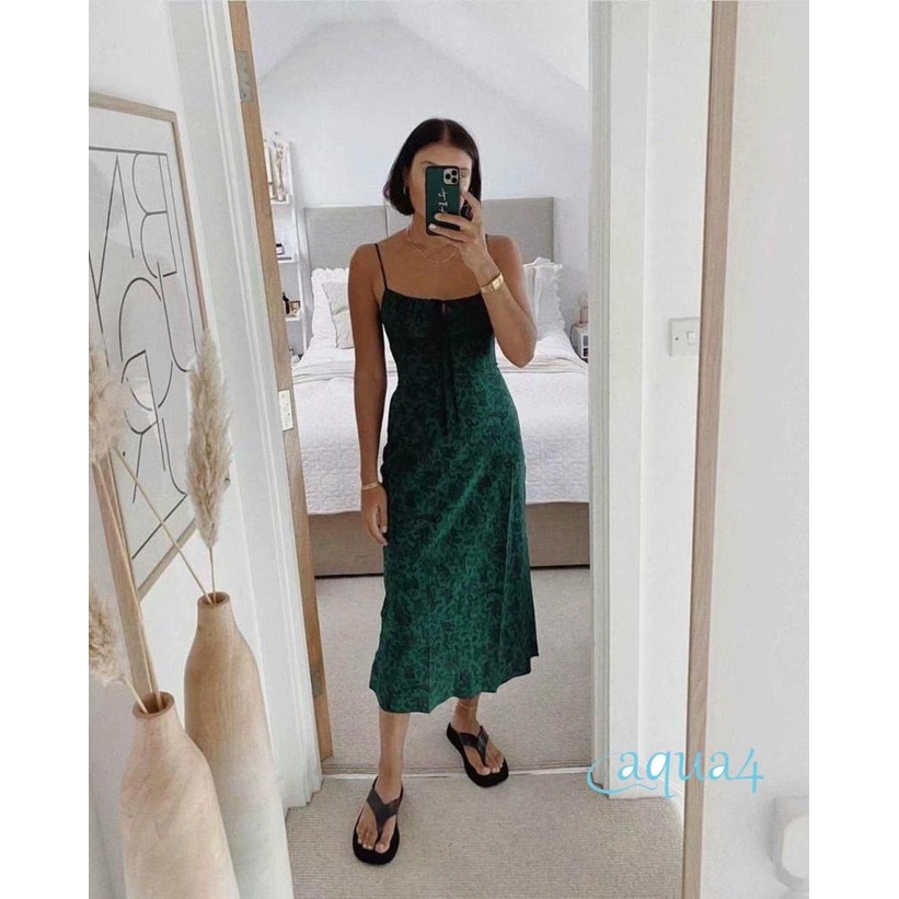 Anana-đầm Dài Hai Dây Cổ Chữ U In Họa Tiết Thắt Nơ Mùa Hè Cho Nữ