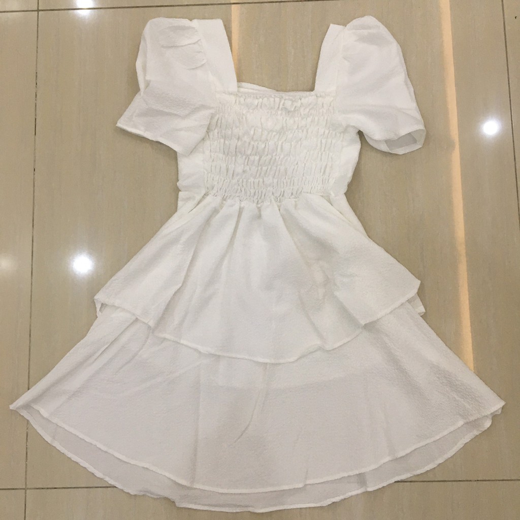 Đầm xèo, đầm nữ dáng xèo, 2 tầng phối nơ ngực, có lot ngực, chất xốp, hai màu chọn lọc trắng và be. Cos V1011 | BigBuy360 - bigbuy360.vn