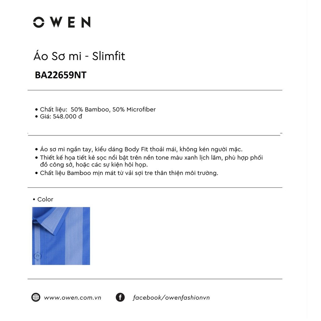 OWEN - Áo sơ mi ngắn tay Owen vải sợi tre kẻ xanh 22659