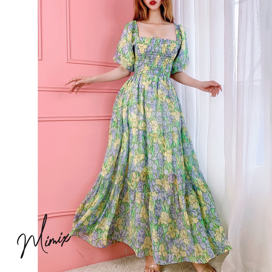 Đầm maxi hoa tầng cổ vuông tay ngắn phồng MMIMX BP0205 | BigBuy360 - bigbuy360.vn