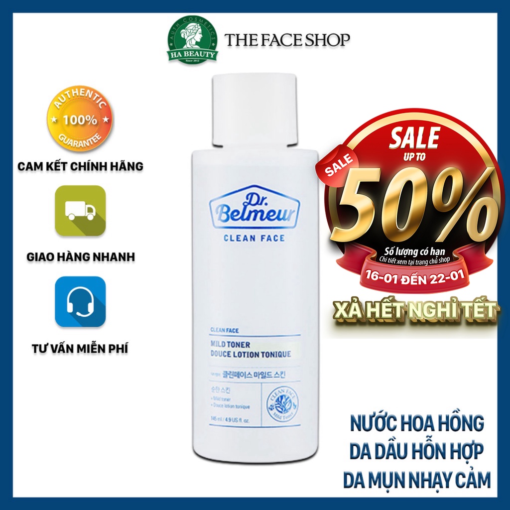 Nước hoa hồng dưỡng ẩm cho da dầu hỗn hợp kể cả da mụn nhạy cảm The Face Shop Dr Belmeur Clean Face Mild Toner 145ml