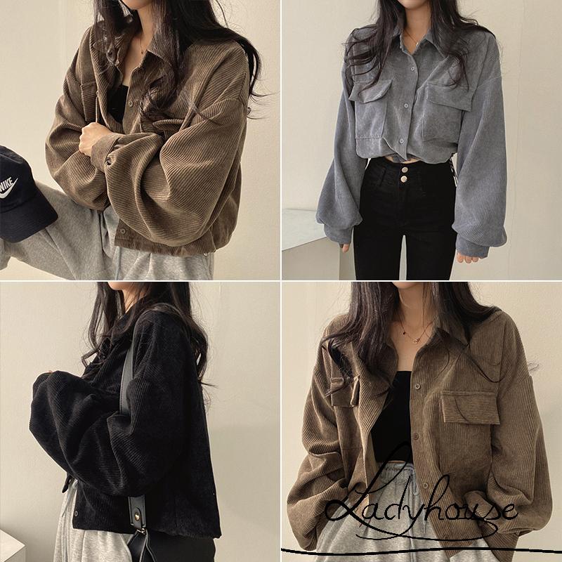 Áo Khoác Sơ Mi Ngắn Cài Nút Tay Dài Màu Trơn Có Túi Thời Trang Mùa Thu Cho Nữ