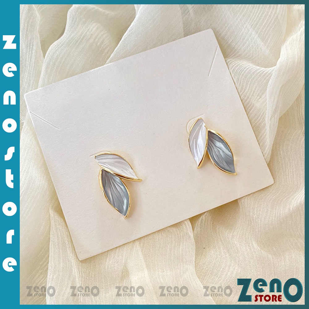 Khuyên tai ZenO KT13 chiếc lá cuối thu màu xanh trắng tương phản cực chất