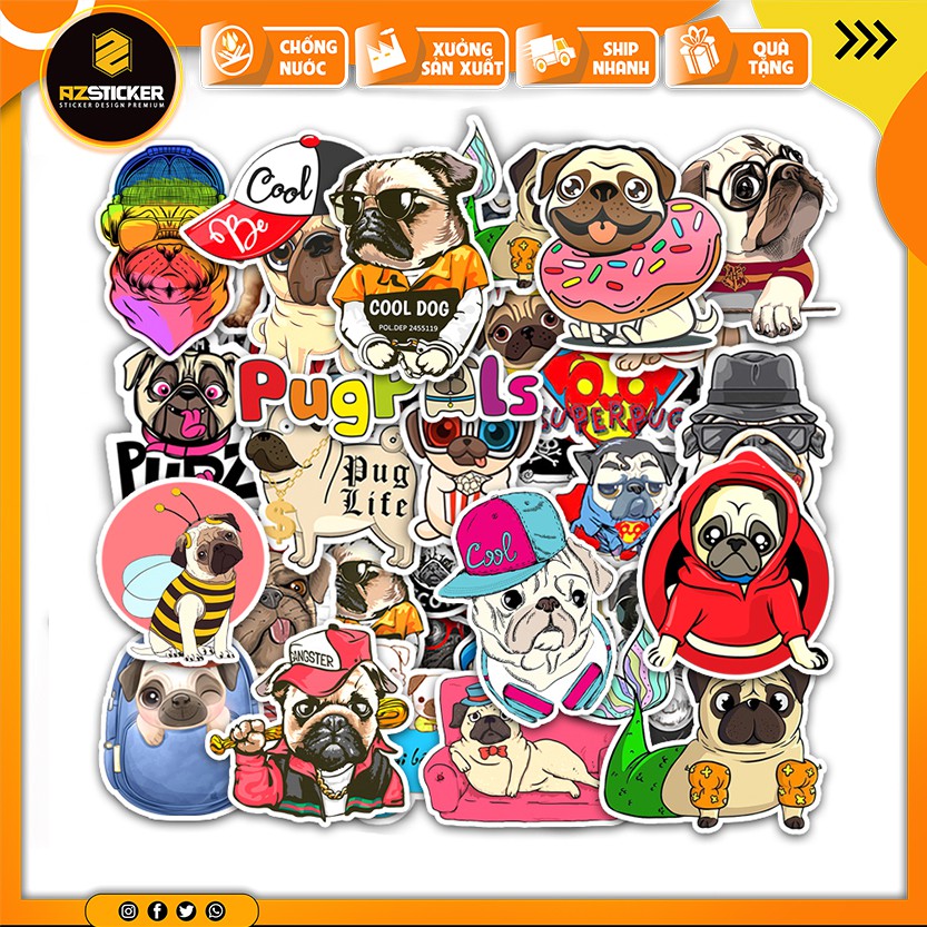 [Set 100+] Sticker Chó PUG | Dán Nón Bảo Hiêm, Điện Thoại, Laptop, Bình Nước...Chống Nước, Chống Bay Màu