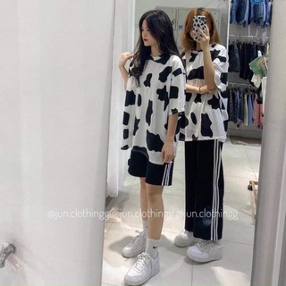 Áo phông, Áo thun unisex from rộng cổ tròn tay lỡ freesize 38-70kg - Bò sữa
