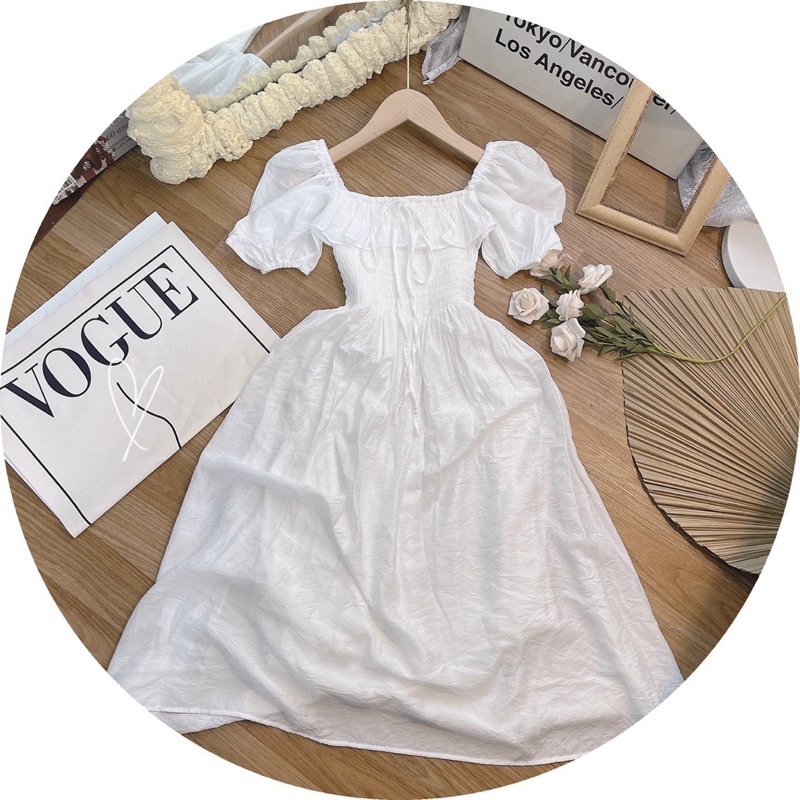 ĐẦM TRẮNG BO CHUN BẸT VAI BÈO NGỰC MIDI