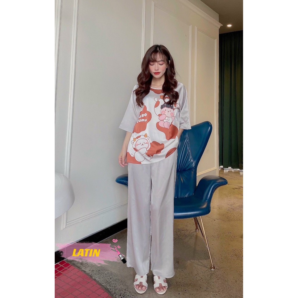 Đồ bộ mặc nhà nữ pyjama bigsize Bộ Lụa LATIN quần dài tay ngắn in 3D nhiều hình dễ thương. | BigBuy360 - bigbuy360.vn