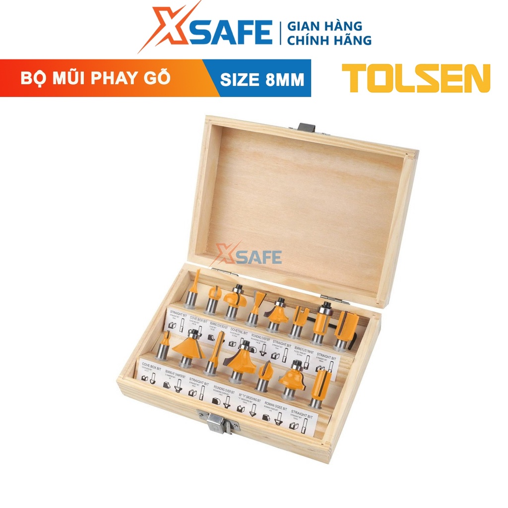 Bộ mũi phay gỗ TOLSEN 75680, bộ 12 mũi soi gỗ Đường kính mũi từ 1/4&quot;(6.3mm)-1/2&quot; (12.7 mm), gồm nhiều loại mũi phay