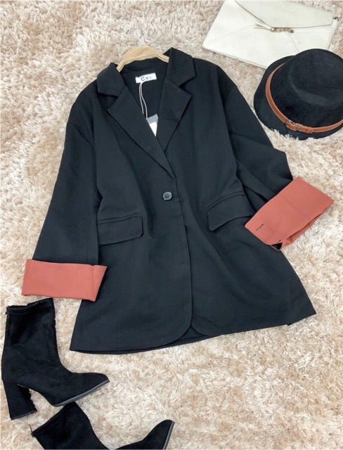 Áo khoác vest blazer công sở màu trơn đen cam túi nắp phối tay màu