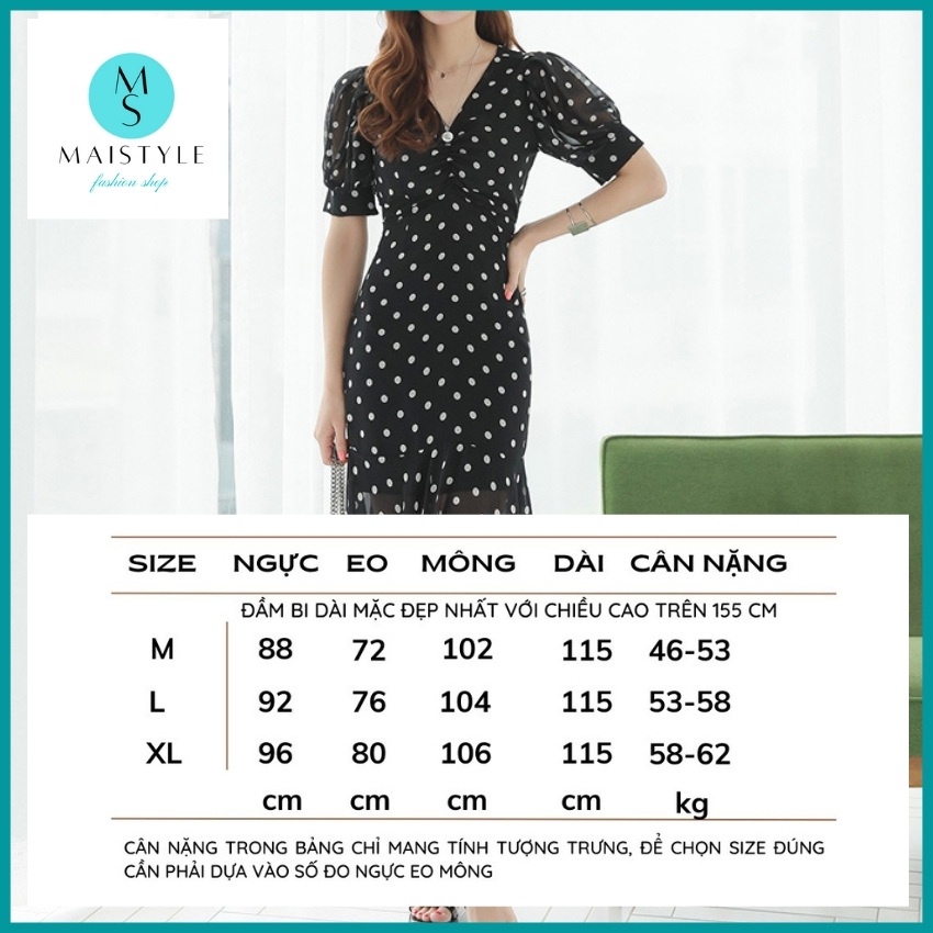 Đầm công sở MAISTYLE Váy nữ chấm bi dáng dài qua gối thiết kế tay phồng đuôi cá Đầm voan midi xòe tay ngắn MY1100 | BigBuy360 - bigbuy360.vn