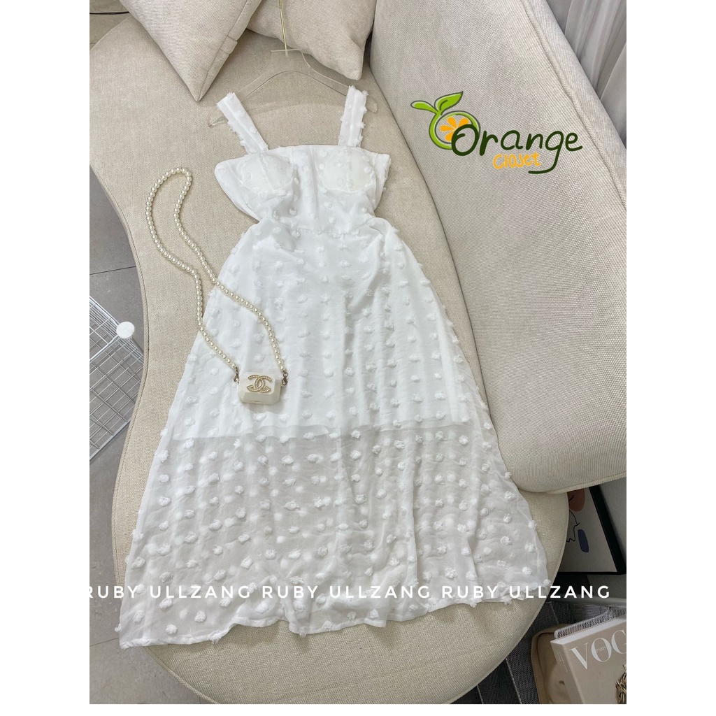 Đầm trắng 2 dây Voan lụa hoa nổi có size S M. VÁY TRẮNG NỮ DỰ TIỆC DẠO PHỐ SIÊU XINH hotgirl D13418