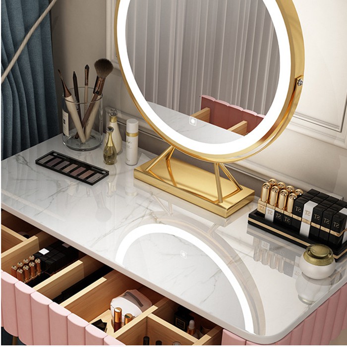 Bàn phấn 80cm mặt đá trắng bọc nỉ nhung phong cách Châu Âu sang trọng - Bàn trang điểm có gương đèn led decor phòng đẹp