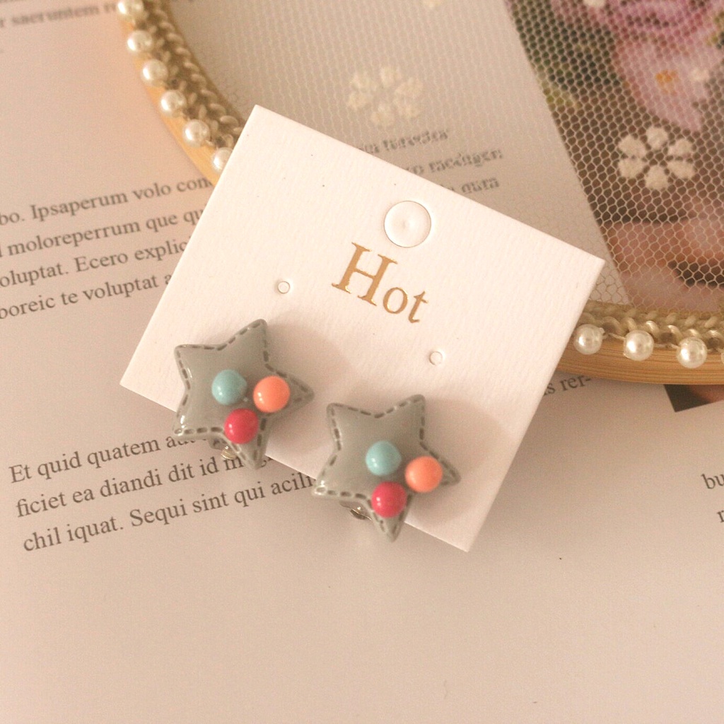 Khuyên tai kẹp không cần bấm lỗ hình ngôi sao đính 3 hạt cườm xinh xắn