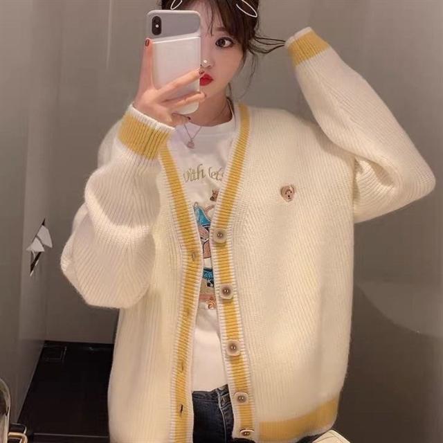 Áo Khoác Lông Female Student New Yellow V-Neck Sweater Korean Loose Cardigan Coat Short Top