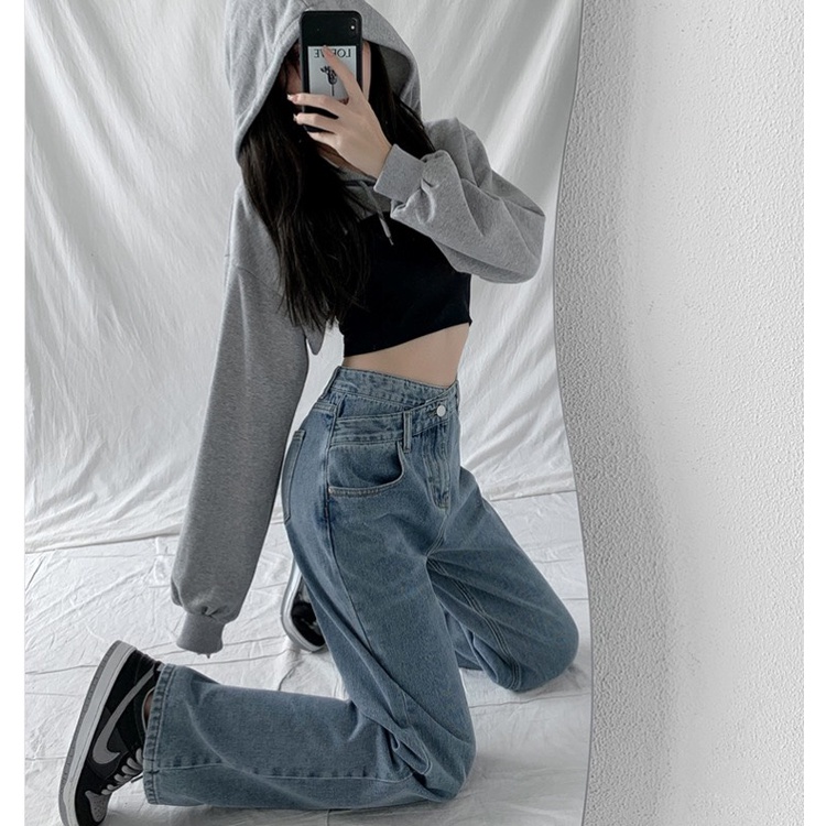 Quần Cạp Chéo - Quần Jeans Ống Rộng Xanh - Quần Ống Rộng Nữ Dáng Suông 1 Cúc Cạp Chéo Ulzzang