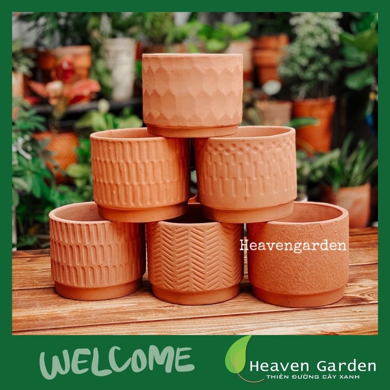 Chậu đất nung trụ gờ đáy hoa văn vintage size 18.5x15- chậu trồng cây