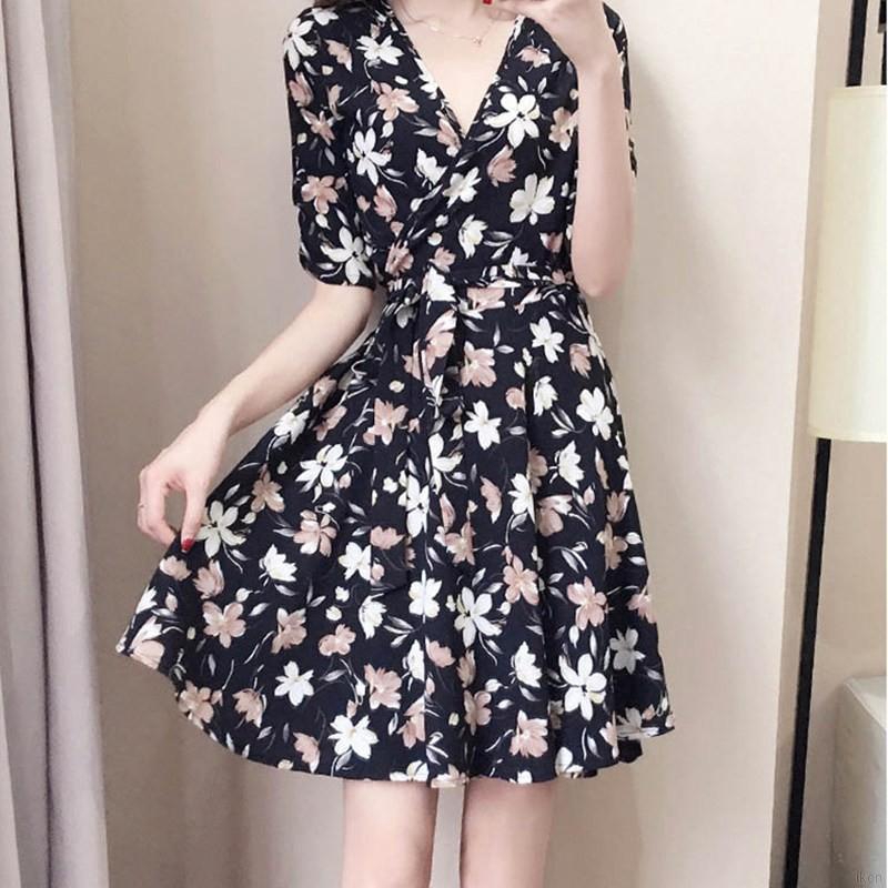 Đầm ngắn tay cổ chữ V in hoa thanh lịch cho nữ đầm hoa váy hoa nhí | BigBuy360 - bigbuy360.vn