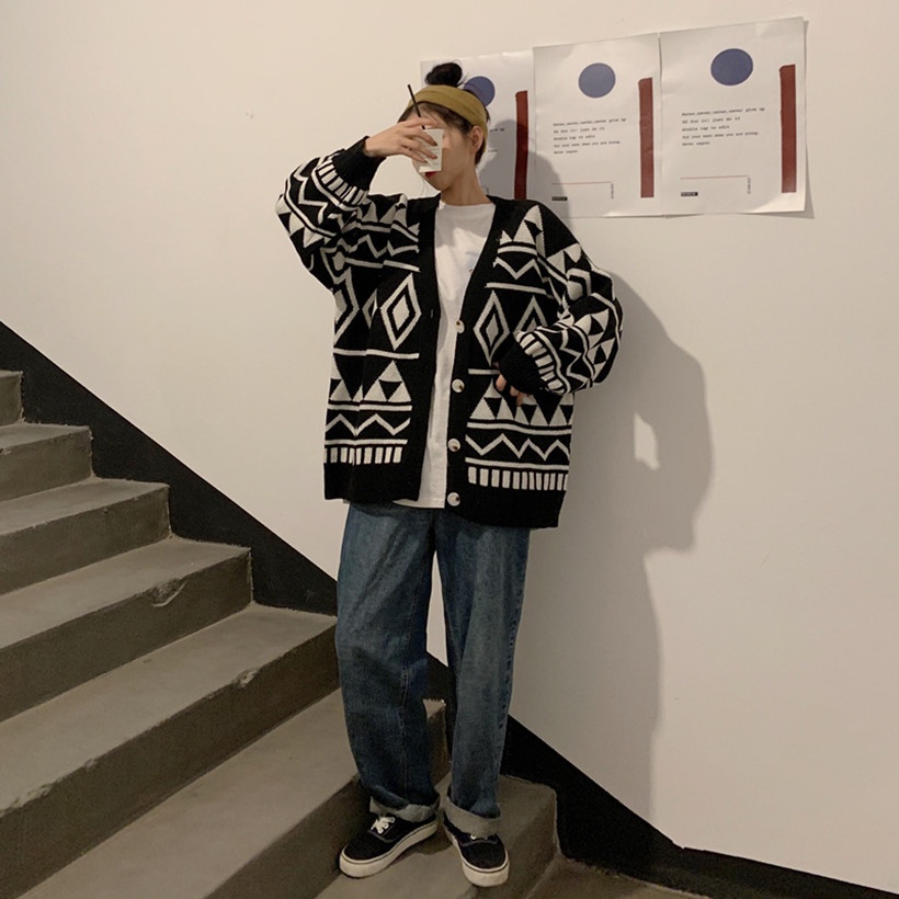 Áo khoác cardigan dệt kim dáng rộng họa tiết hình học phong cách phương Tây thời trang thu đông cho nữ