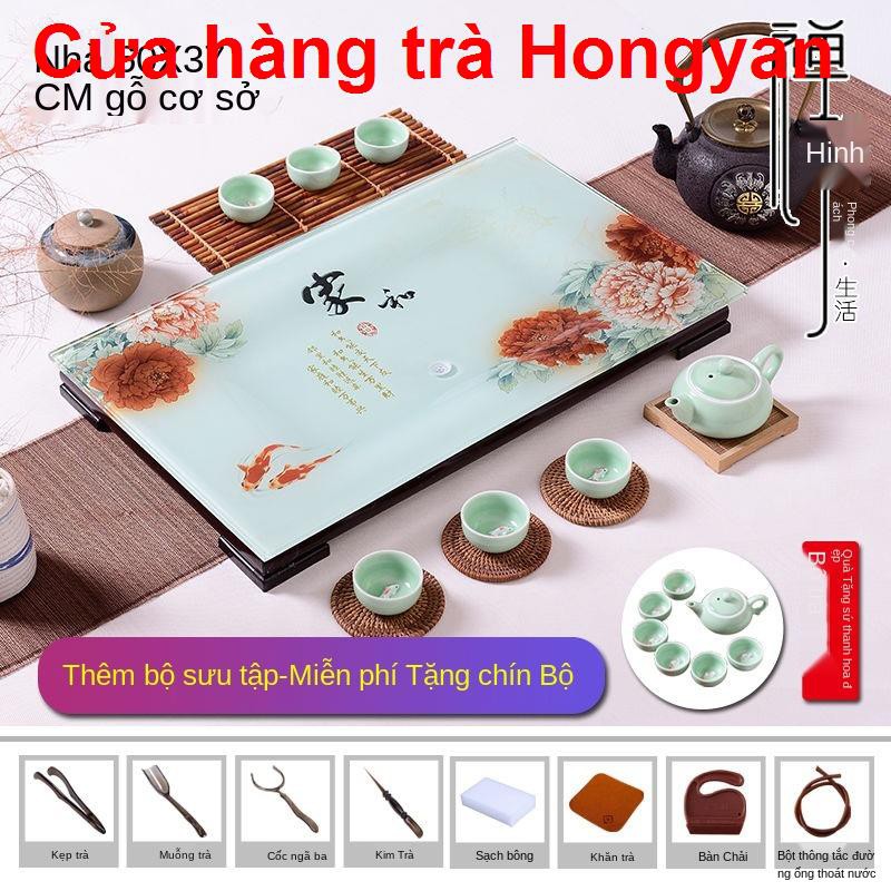 Vần cổ[Tặng bộ ấm trà khi đặt hàng] Loại thoát nước gia dụng Khay kính cường lực Bàn tráng men Kung Fu1