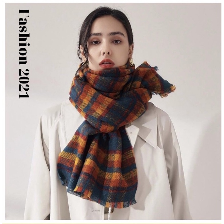 Khăn choàng cổ kẻ caro, khăn dạ phong cách vintage Hàn Quốc màu Hottrend 2021