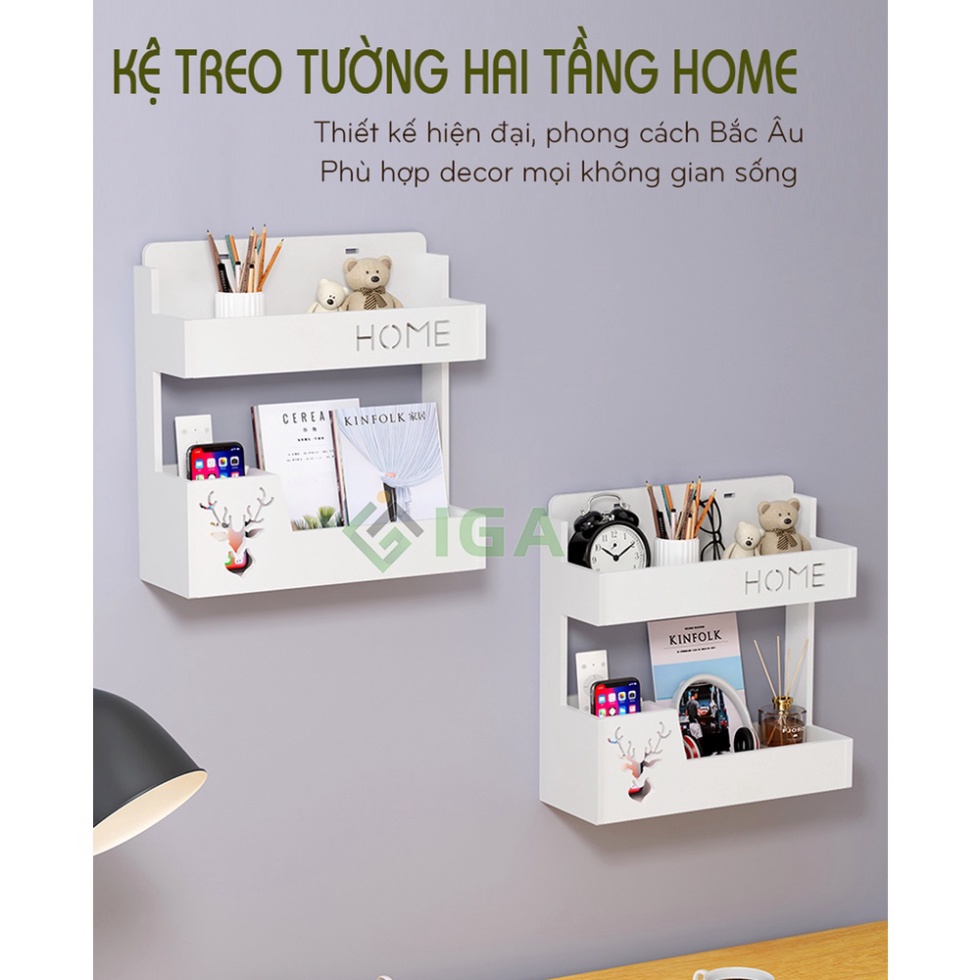Kệ treo tường 2 tầng IGA thông minh hiện đại để đồ trang trí phòng khách/ngủ - IG391