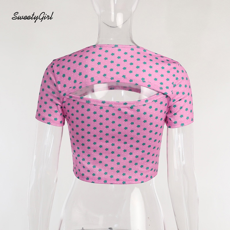 Áo Thun Ngắn Tay Khoét Eo Phối Màu Tương Phản 2022 Họa Tiết Hoa Dễ Thương Thời Trang Cho Nữ