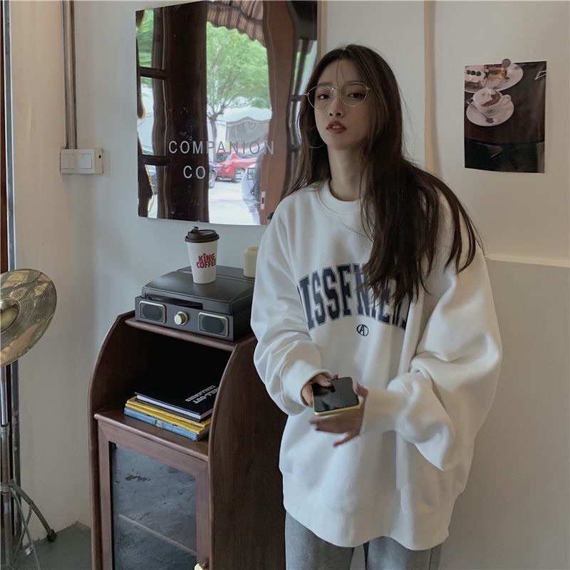 Áo sweater chữ basic lót nỉ bông mềm nam nữ
