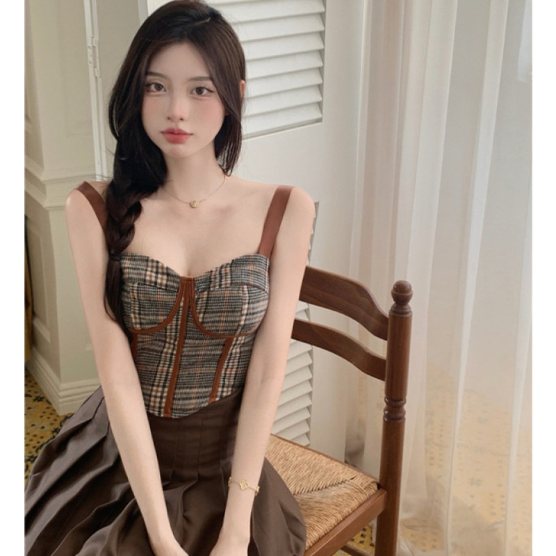 Áo Lửng Họa Tiết Caro Phong Cách Retro Thời Trang Mùa Hè Cho Nữ