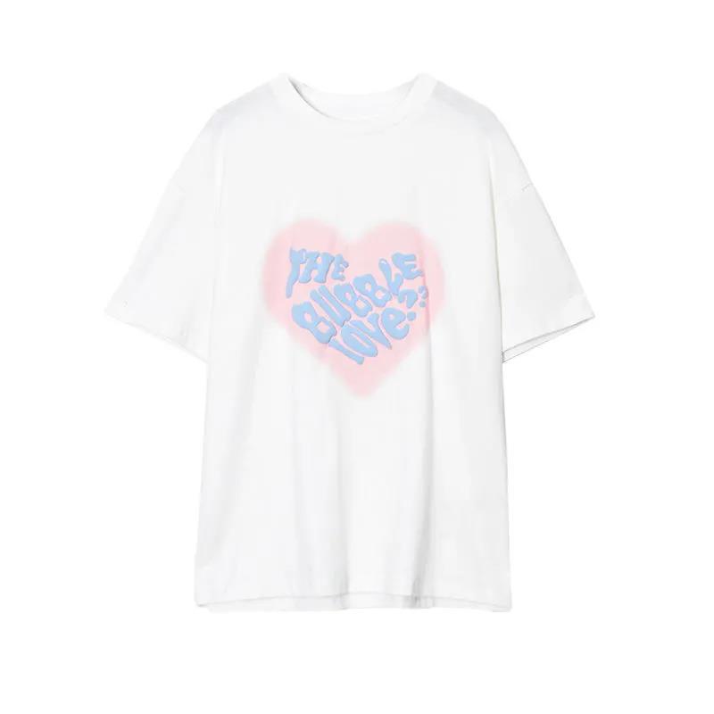 100% cotton Áo thun tay ngắn dáng rộng in hình trái tim phong cách hàn quốc đáng yêu thời trang mùa hè mới cho nữ 2023