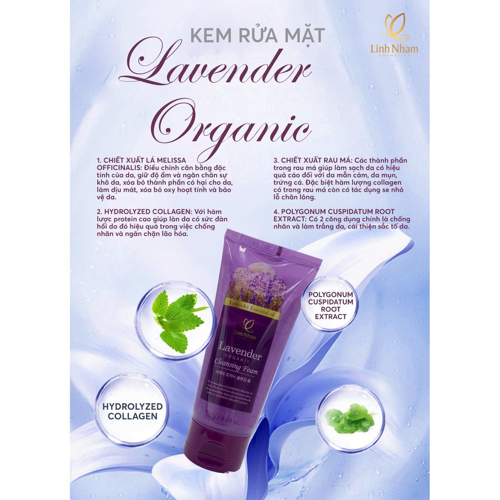 Kem Rửa Mặt Lavender Organic Linh Nhâm- Sữa Rửa Mặt Chiết Xuất Thiên Nhiên- Loại Bỏ Chất Bẩn- Bã Nhờn- Giữ Ẩm 120gr