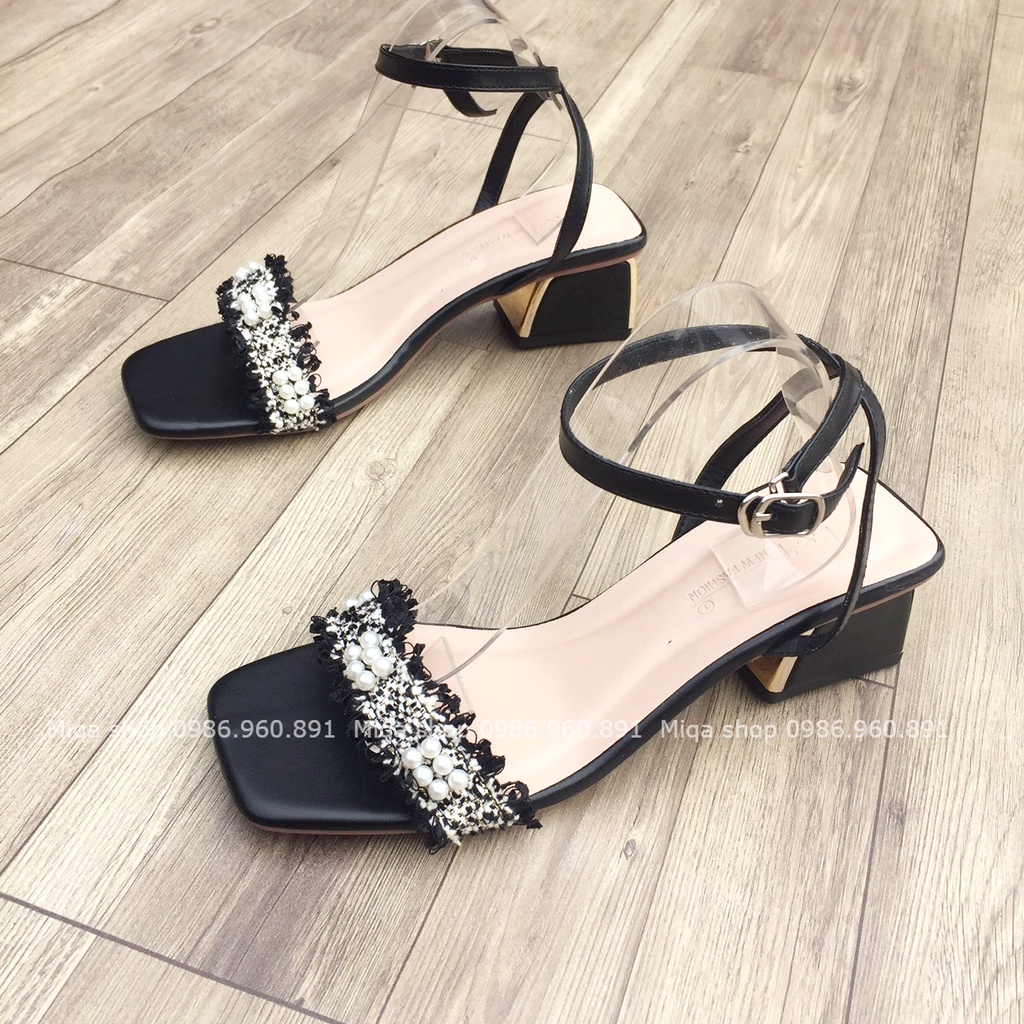( Có video ảnh thật) Sandal quai ngang 4p đính hạt xù gót trụ mạ