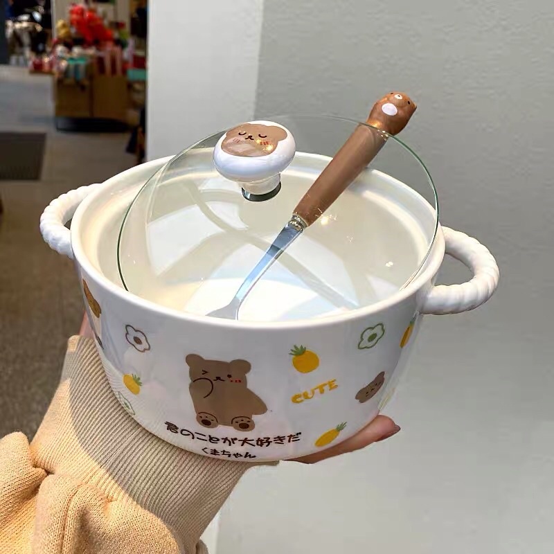 Nồi sứ úp mì, Tô sứ ủ mì hình gấu, pony, thỏ kèm dĩa dễ thương