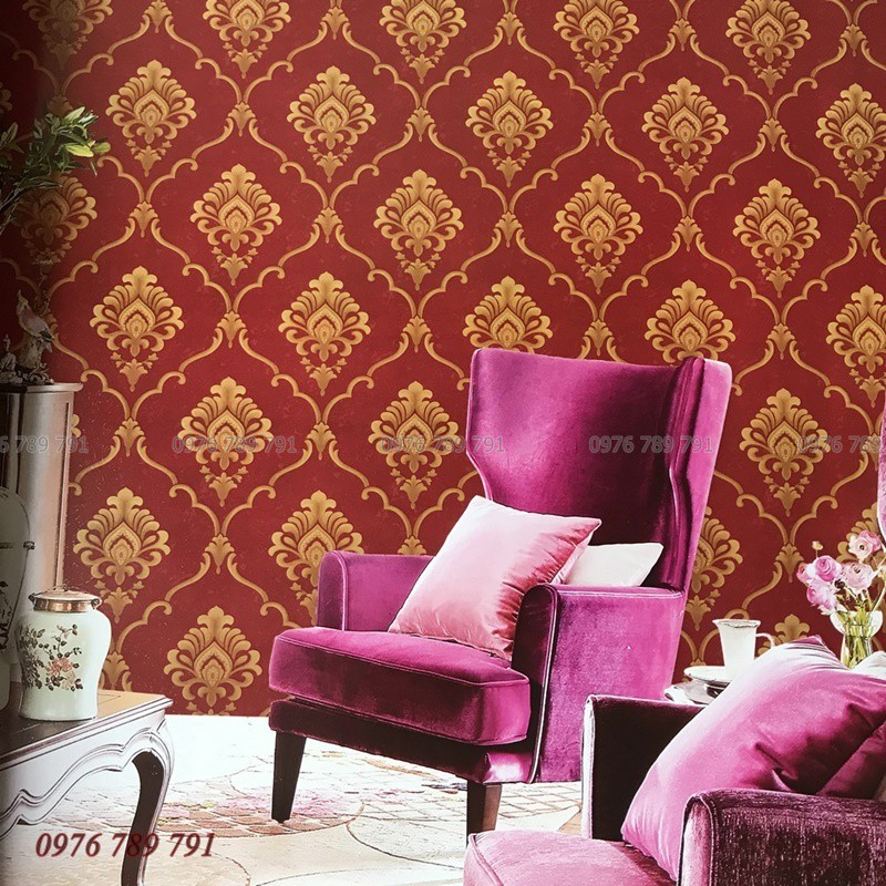 Giấy Dán Tường Hoa Văn Cổ Điển Châu Âu ST Cho Phòng Khách Phòng Ngủ Lụa Không Keo Khổ 53cm Màu Đỏ, Trắng, Vàng Kem, Xanh