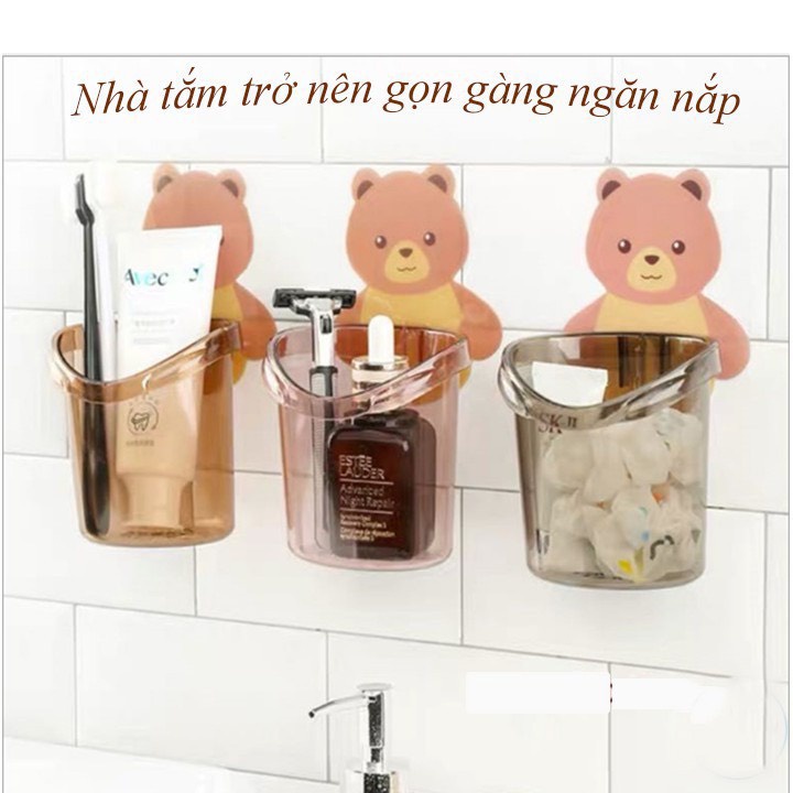 Cốc gấu dán tường teo nhà tắm để bàn chải đánh răng / mỹ phẩm có lỗ thoát nước tiện lợi