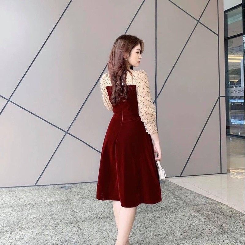 VÁY NHUNG ĐỎ CÚC NGỌC PHỐI BI