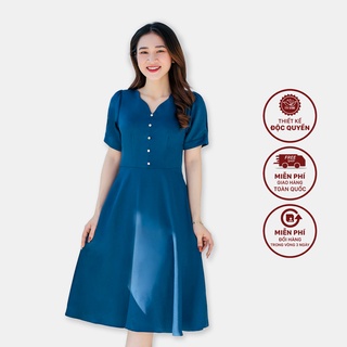 Đầm xoè trung niên dự tiệc cao cấp cổ sóng nước tay ngắn đính ngọc xanh cổ vịt TTV813