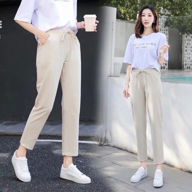 Quần baggy nữ chất đũi xước cạp chun lưng cao hottrend Junnie Closet