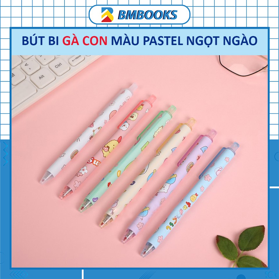 Bút bi cute mực đen dạng bấm họa tiết Gà con màu sắc pastel ngọt ngào BMBooks