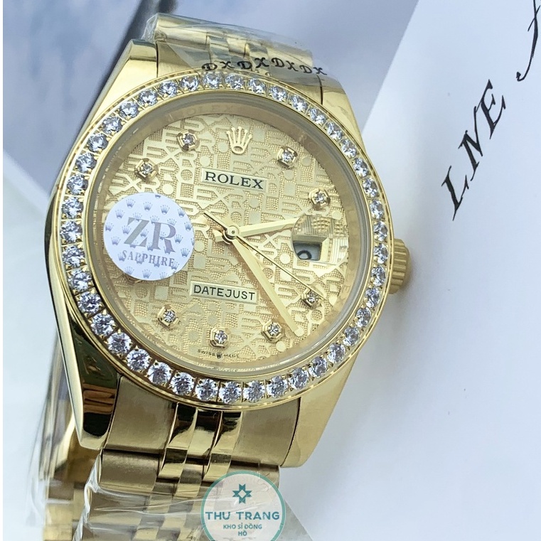 Đồng hồ nam Rolex cơ Automatic máy Nhật mẫu classic mặt 3D vàng viền đá dây thép vàng size 40-41mm